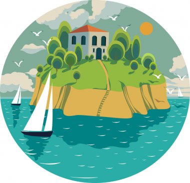 vektör çizim okyanusun ortasında bir ada sahip bir daire içinde. Yelken yarışı, güneş, deniz, plaj, martılar