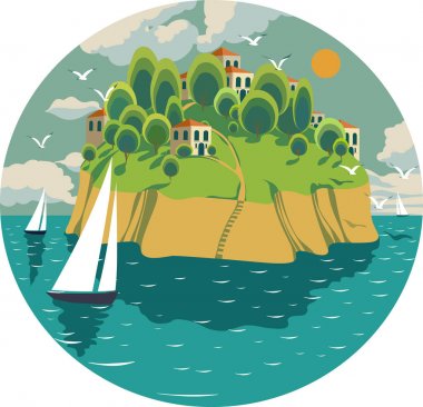 vektör yaz deniz ile bir daire içinde kompozisyon manzara güneşli bir gün, bir ada, martılar, yatlar, yaz, masmavi deniz, sahil kasabası