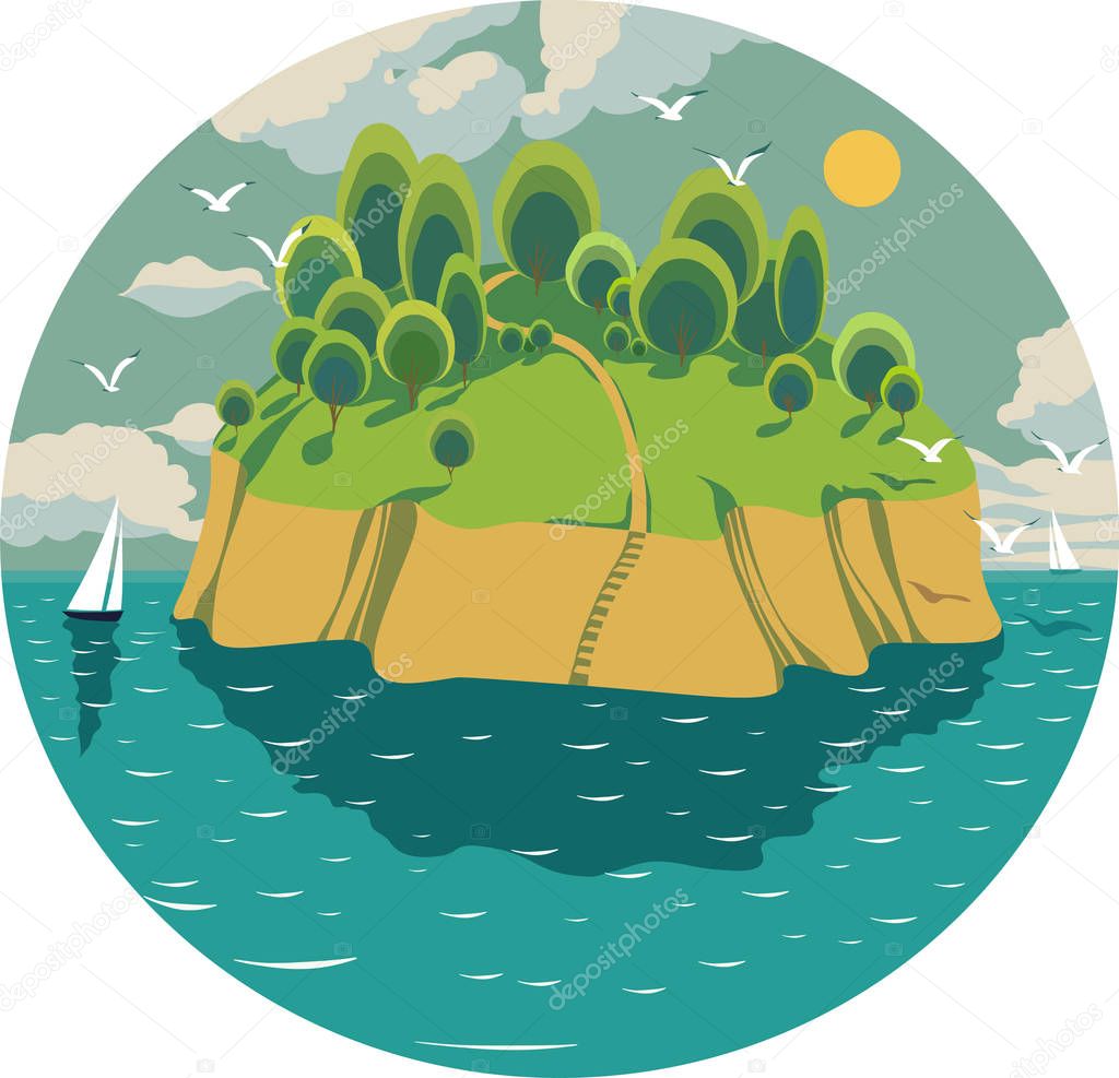 A green island in the middle of the ocean, with yachts, gulls and clouds on a sunny day