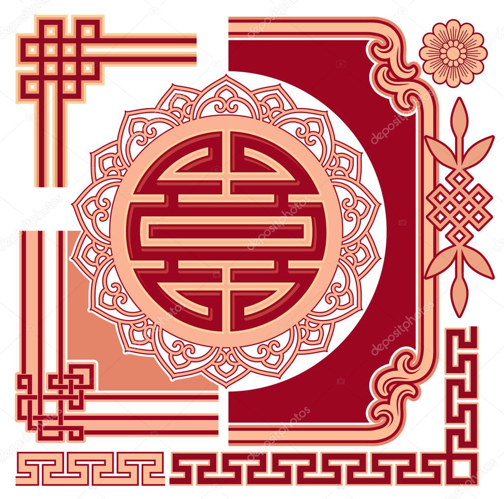 Set of Chinese Pattern Design Elements - Corner, Border, Frame, Round Symbol and Bamboo 