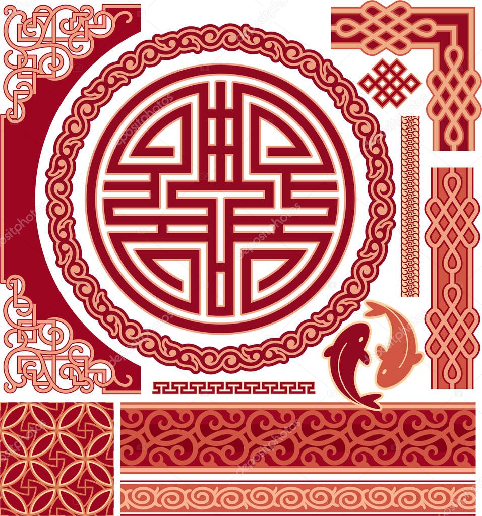 Set of Chinese Pattern Design Elements - Corners, Border, Endless Knot, Ornament