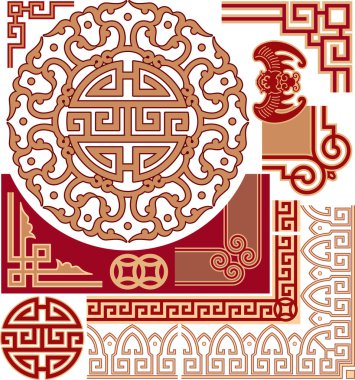 Set of Chinese Pattern Elements - Corners, Border, Frame, Round Ornament clipart