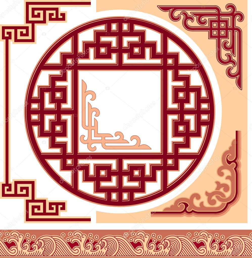 Set of Chinese Pattern Design Elements - Corners, Border, Round Geometric Ornament