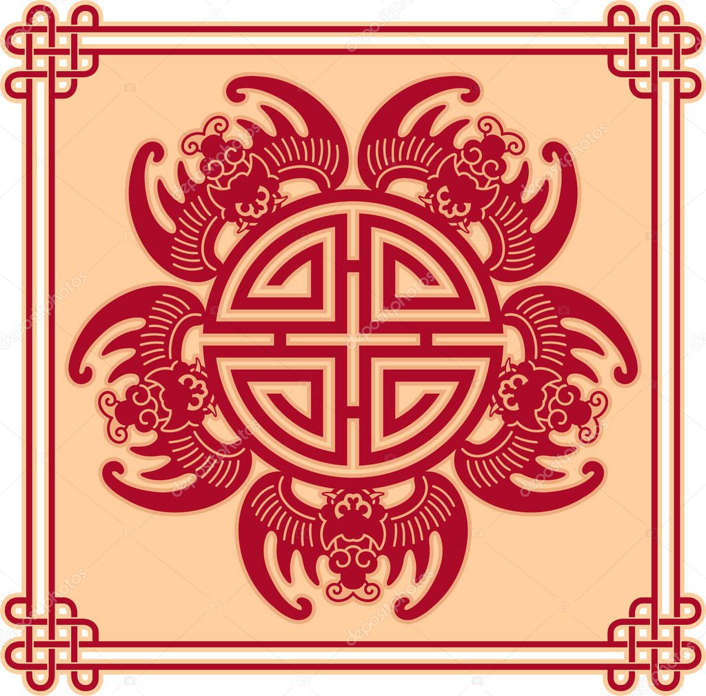 Chinese Pattern - Longevity and Prosperity Design, Five Bats with Blessings Symbol