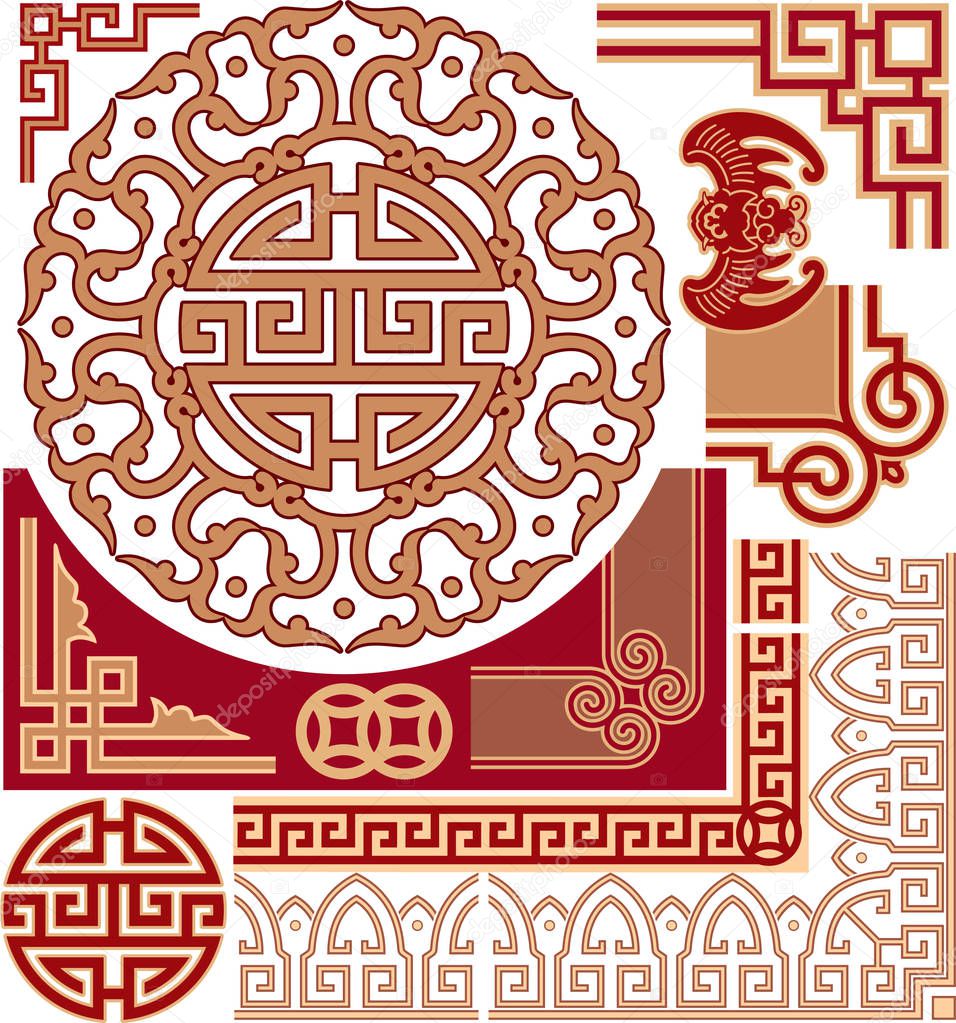 Set of Chinese Pattern Elements - Corners, Border, Frame, Round Ornament