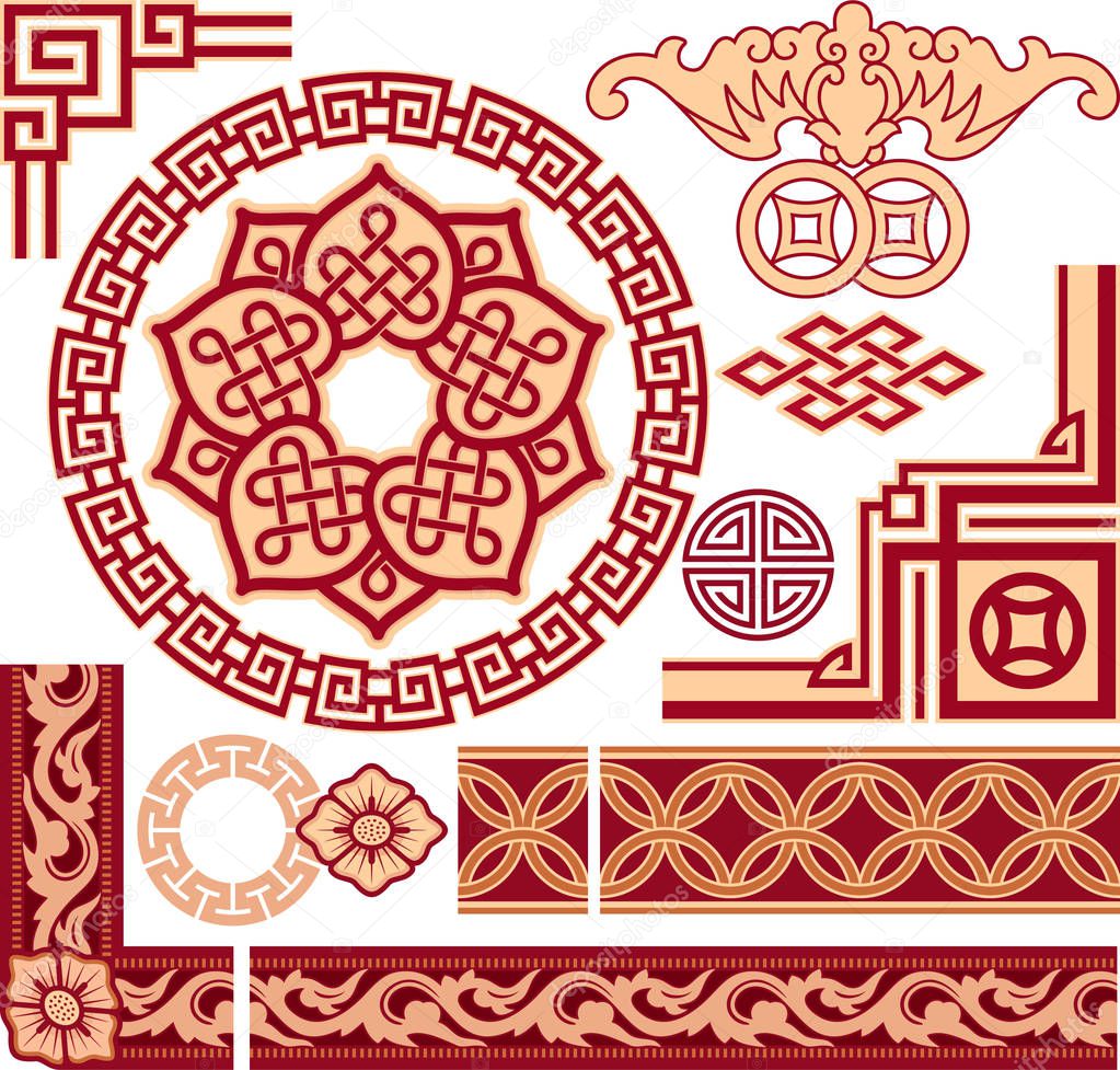 Set of Chinese Pattern Elements - Corners, Border, Round Frame, Frame, Seamless Texture