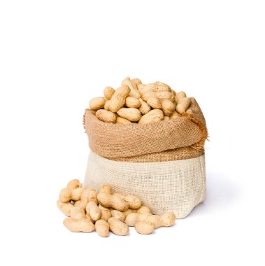beyaz zemin üzerine çuval çanta içinde taze monkeynut 