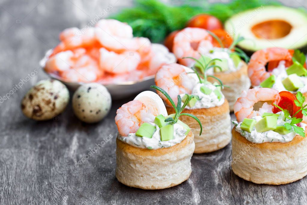 salted  puff pastry stuffed with cream cheese and prawns 