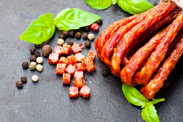 Pork  sausages with spices and basil — Stock Photo, Image