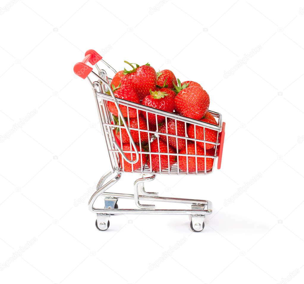 small  shopping cart full of strawberry isolated 