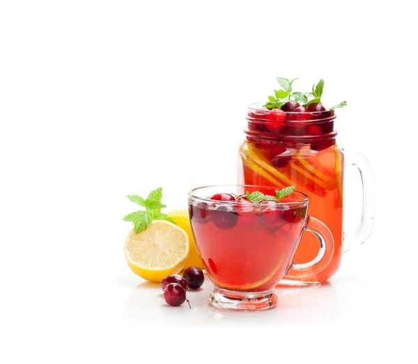 Red  fruit tea with lemon and cranberry isolated on white backgr — Stock Photo, Image