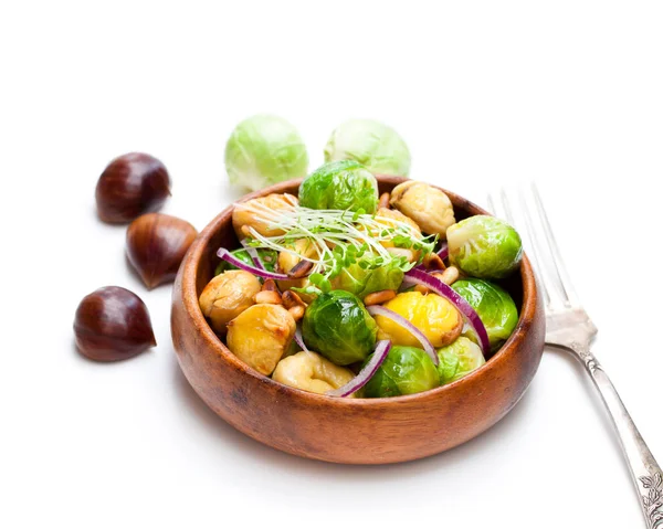 Christmas  meal with brussels sprouts and roasted chestnuts