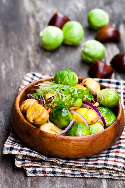 Christmas  meal with brussels sprouts and roasted chestnuts