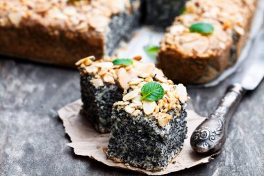 Ahşap arka plan üzerinde fırından yeni çıkmış haşhaşlı pasta 