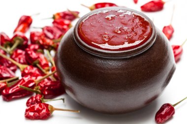 Kırmızı biber ve domates üzerinde beyaz izole acı sos 