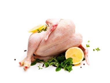 Otlar ve beyaz arka plan üzerinde izole limon ile çiğ tavuk 