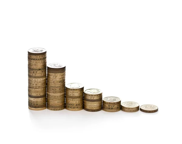 Finansiella recession begreppet 1 pund staplade mynt isolerad o — Stockfoto