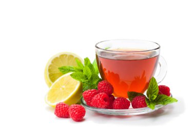 Red  fruit tea with raspberry and mint isolated on white backgro clipart