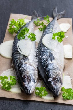 Siyah taş masada soğanlı ve maydanozlu taze uskumrular. 