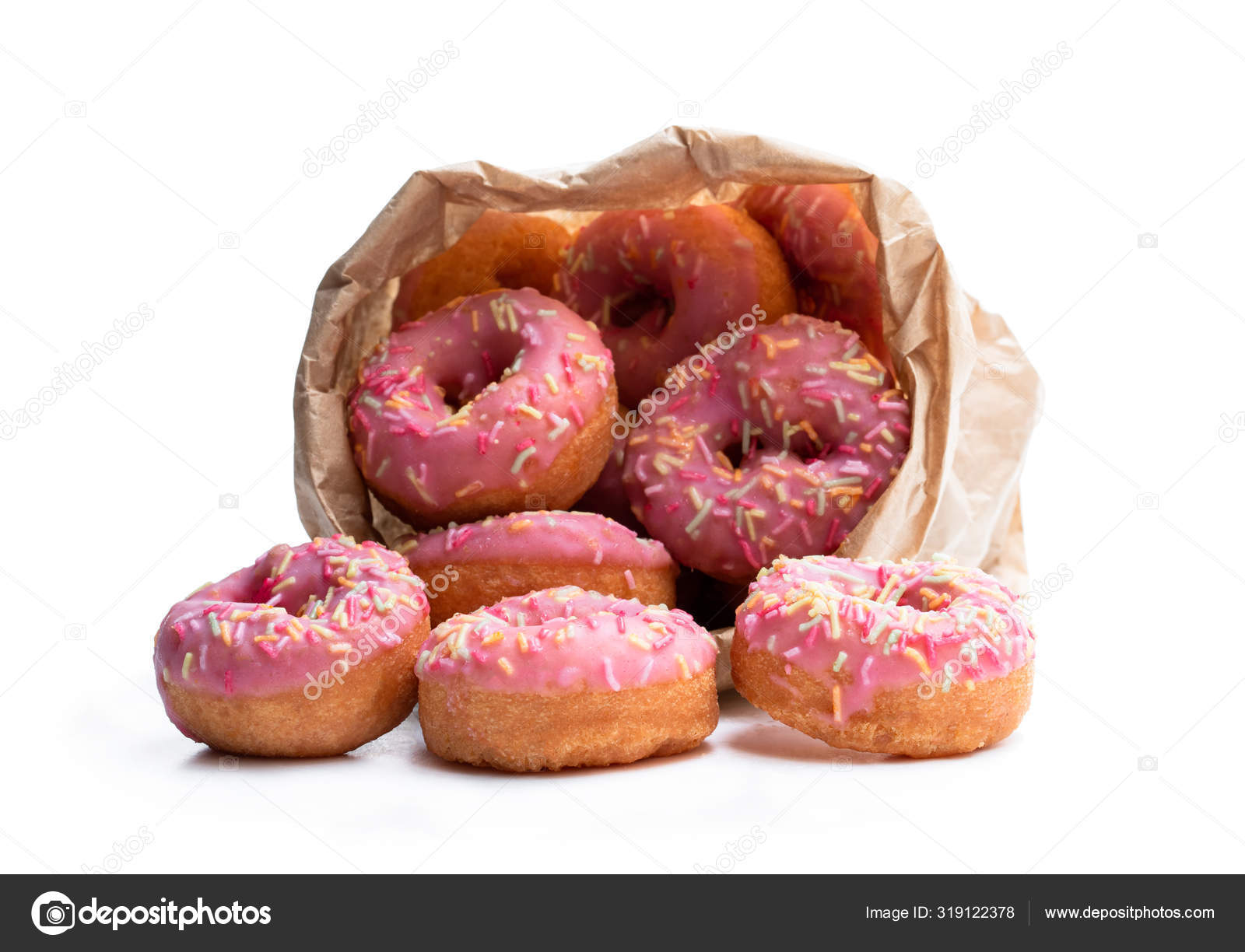 Mini pink glazed doughnuts in paper bag isolated on white Stock Photo by  ©Lena_Zajchikova 319122378