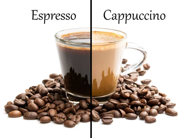 Cup split in half. Tough choice espresso vs cappuccino concept — Stock Photo, Image