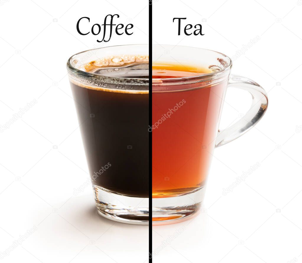 Cup split in half. Tough choice tea vs coffee concept  