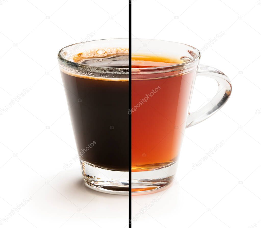 Cup split in half. Tough choice tea vs coffee concept  