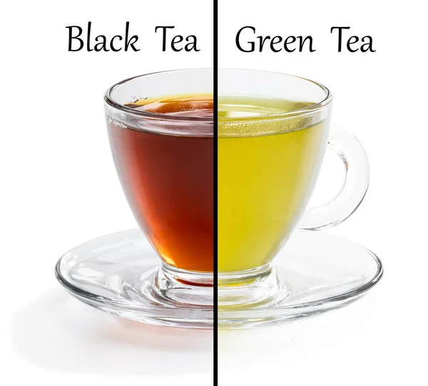 Cup split in half. Tough choice green tea vs black tea concept — Stock Photo, Image