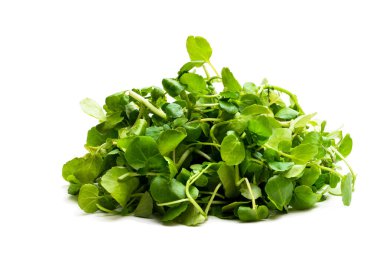 Beyaz arkaplanda su teresi salata yaprağı izole 