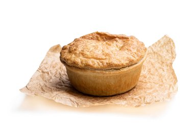 Kabartma kağıdının üzerinde beyaz üzerine poğaça biftekli turta 