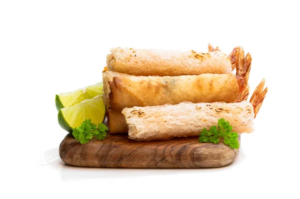 Fried king prawn crispy wrapped with lime slice isolated on white — Stock Photo, Image