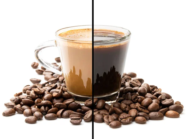 Coppa divisa a metà. Scelta difficile espresso vs cappuccino concetto — Foto Stock