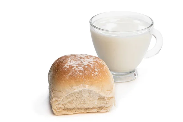 Freshly Baked Wheat Bun Glass Milk Isolated White — Stock Photo, Image