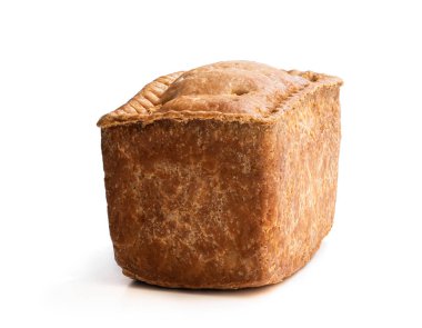 Geleneksel İngiliz baharatlı gala yumurtalı domuz pastası beyaz üzerine izole edilmiş. 