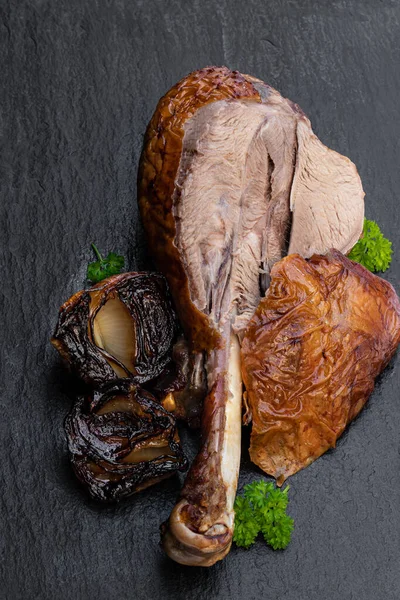 Roasted Turkey Leg Baked Onion Black Stone Background — Stock Photo, Image