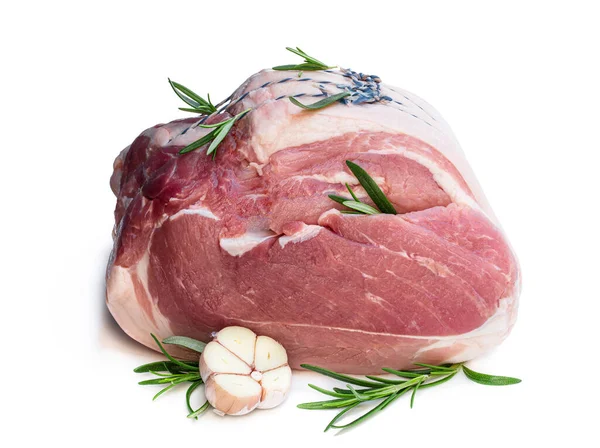 Lombo Porco Com Especiarias Pronto Para Assar Isolado Branco — Fotografia de Stock