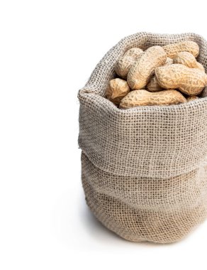 Torbadaki taze maymun fındığı beyaz arka planda izole edilmiş. 