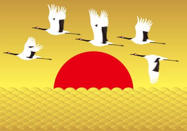 Sunrise and crane. Japan.new year. clipart