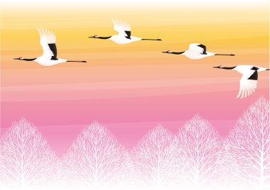 Vinç ve günbatımı. Japon tarzı.