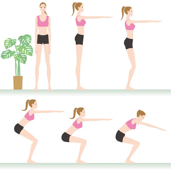 女人锻炼饮食伸展蹲下 — 图库矢量图片