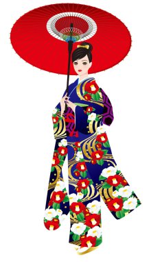  Kimono desen kamelya Japon kadınların tam elbise Japon şemsiye  