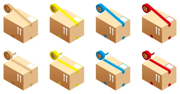 La boîte en carton à code couleur avec ruban adhésif — Image vectorielle