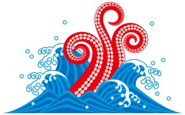 Ahtapot dokunaçlar. Deniz yaratıkları. Dalga. Japon tarzı.