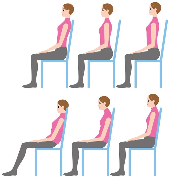 Женщина сидит, хорошая осанка и плохая осанка — стоковый вектор