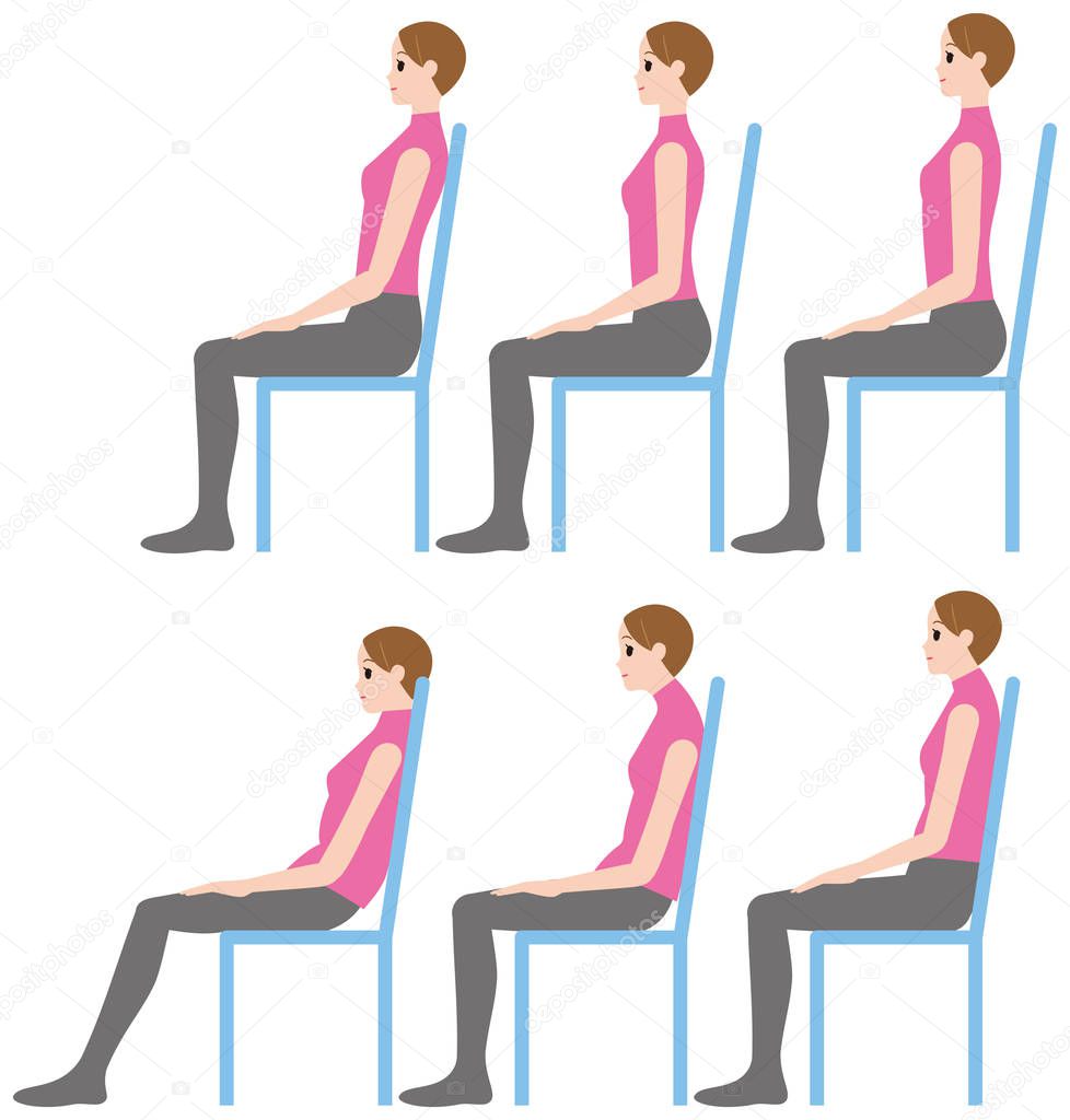 A woman sitting, Good posture and bad posture