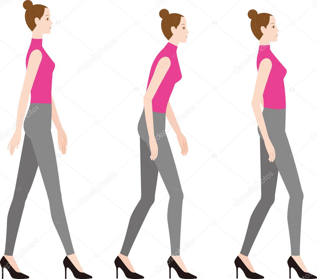 A woman wearing high heels. Good posture and bad posture.