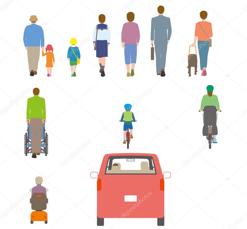 People, bicycles, automobiles. Illustration viewed from back
