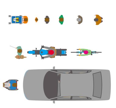 İnsanlar, bisikletler, otomobiller. Görüntü yukarıdan gösteriliyor
