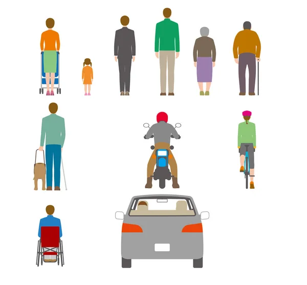 Gente, bicicletas, automóviles. Ilustración vista desde atrás — Archivo Imágenes Vectoriales