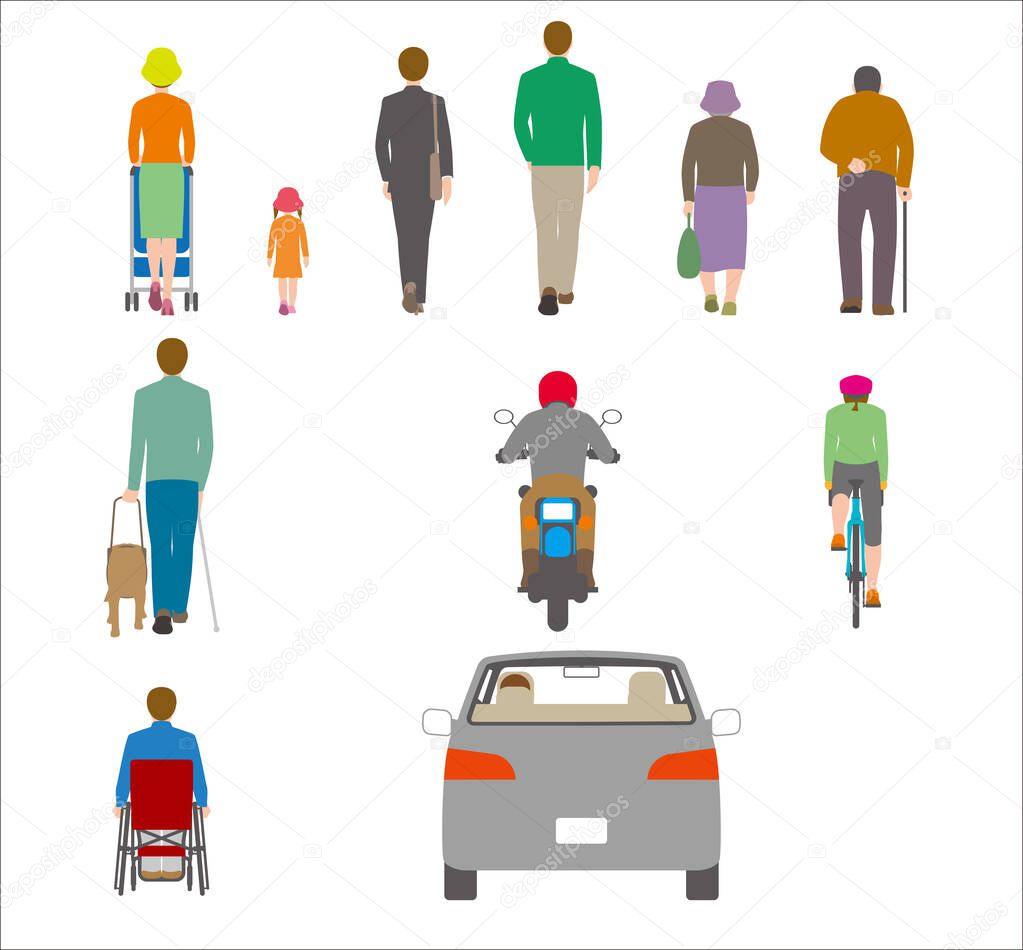 People, bicycles, automobiles. Illustration viewed from back